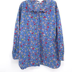 Women Within floral button up top Size 4X blue long sleeves 100% cotton
